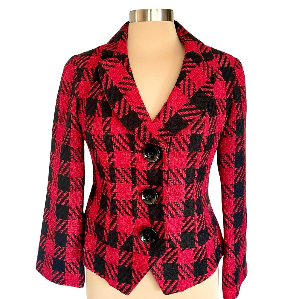 Coldwater Creek Red Black Tartan Plaid Tweed Blazer Size 6P Academia Career
